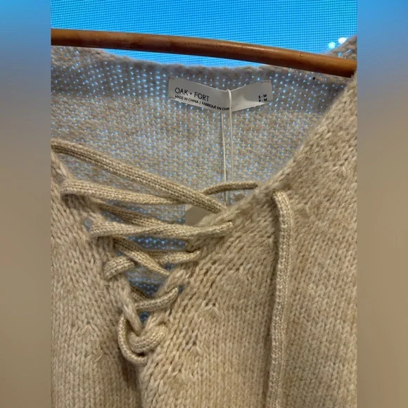 78$ NWT OAK+FORT Lace-Up Distressed Sweater | Relaxed Fit | NWT | Size S-M - Picture 13 of 15